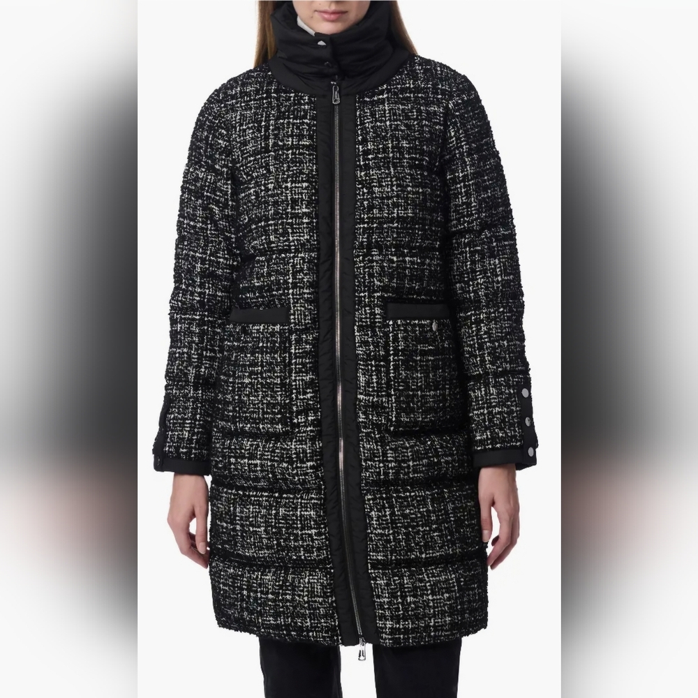 Bernardo Black and White Tweed Quilted Coat